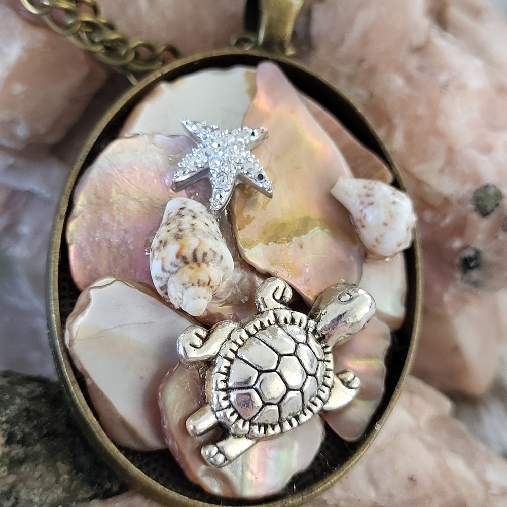 Mother Of Pearl Seashell and SilverToned Turtle Pendant Necklace